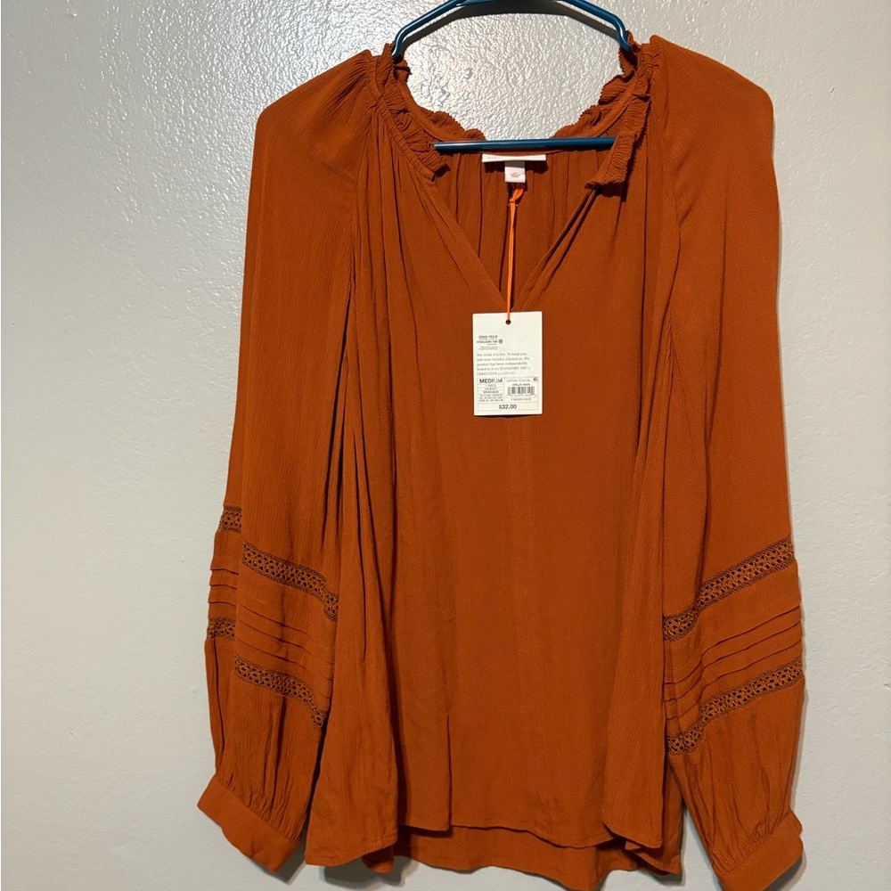 Knox Rose Rust Orange Long-Sleeve Peasant Blouse Size M NWT